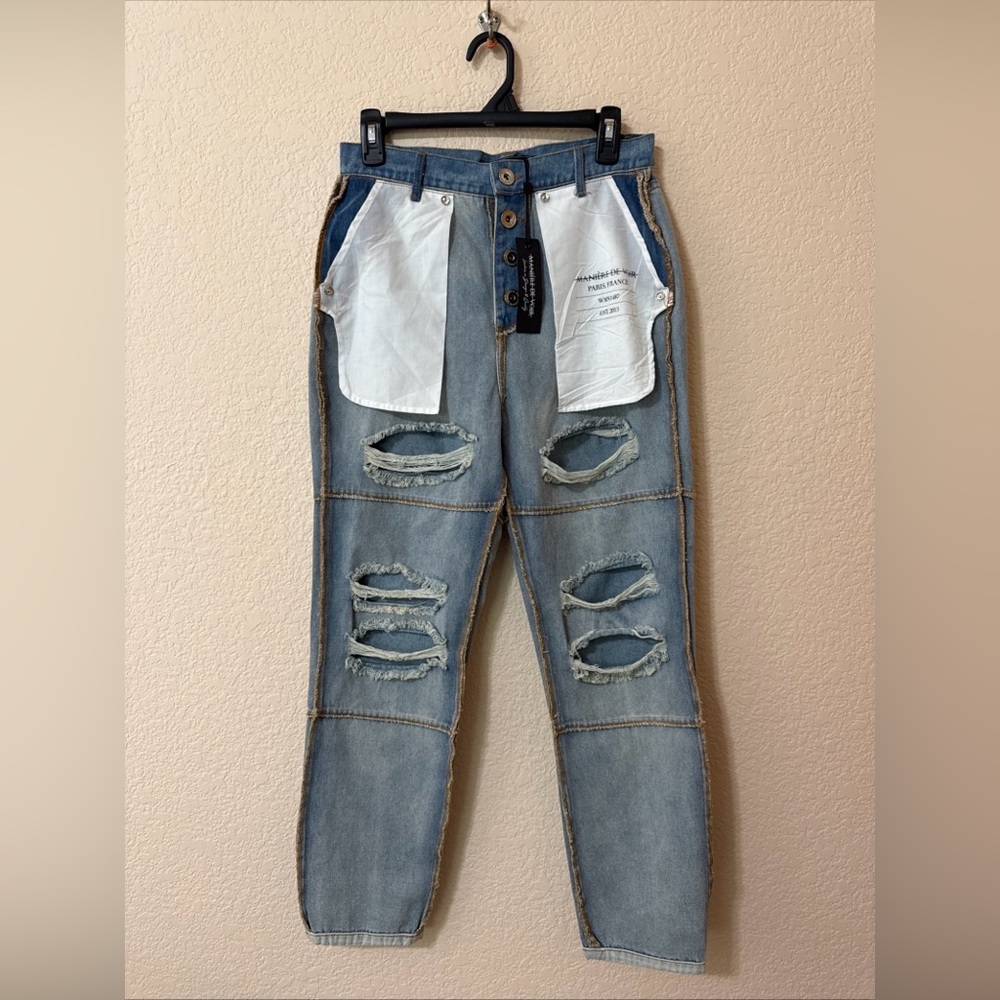 NWT MANIERE DE VOIR Women’s Jeans 10 Blue Denim Inside Out Distressed Button Fly